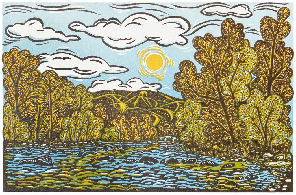 linocut painting of river and cottonwoods