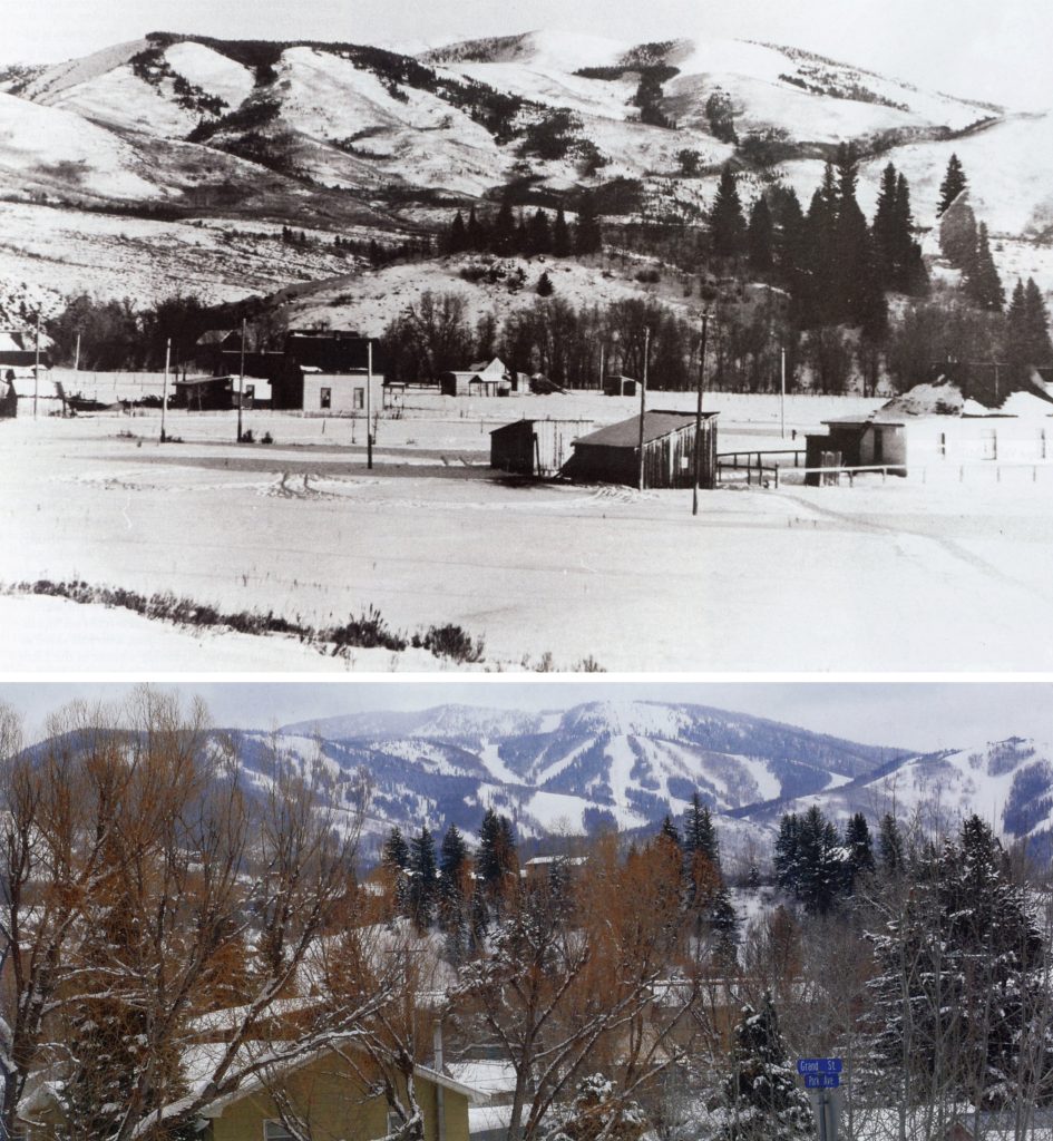 A side by side photo shows a black and white image of Mount Werner with few trees and a color photo of the same mountain with many trees.