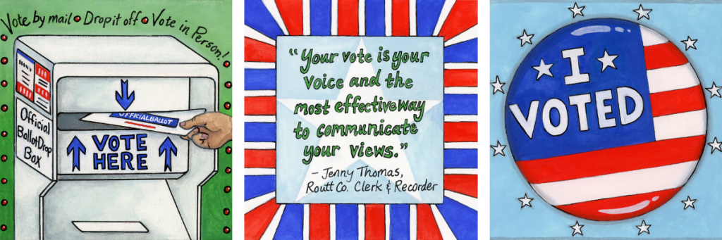 Image of three side by side illustrations of a ballot box, quote that reads "your vote is your voice and the most effective way to communicate your views," - Jenny Thomas, Routt County Clerk and Recorder, and I voted button