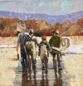 A painting of the backs of fisherman leaving the river.