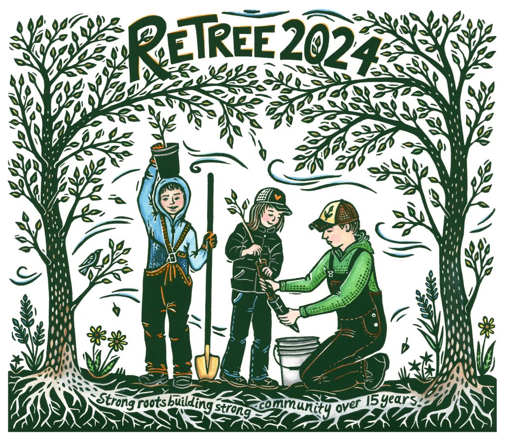 A painted illustration of people planting trees with the title "ReTree 2024"