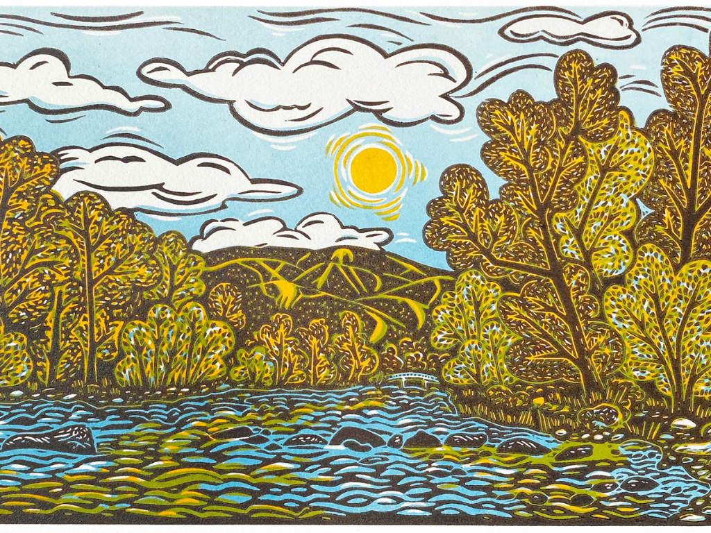 Linocut painting of cottonwoods along a river