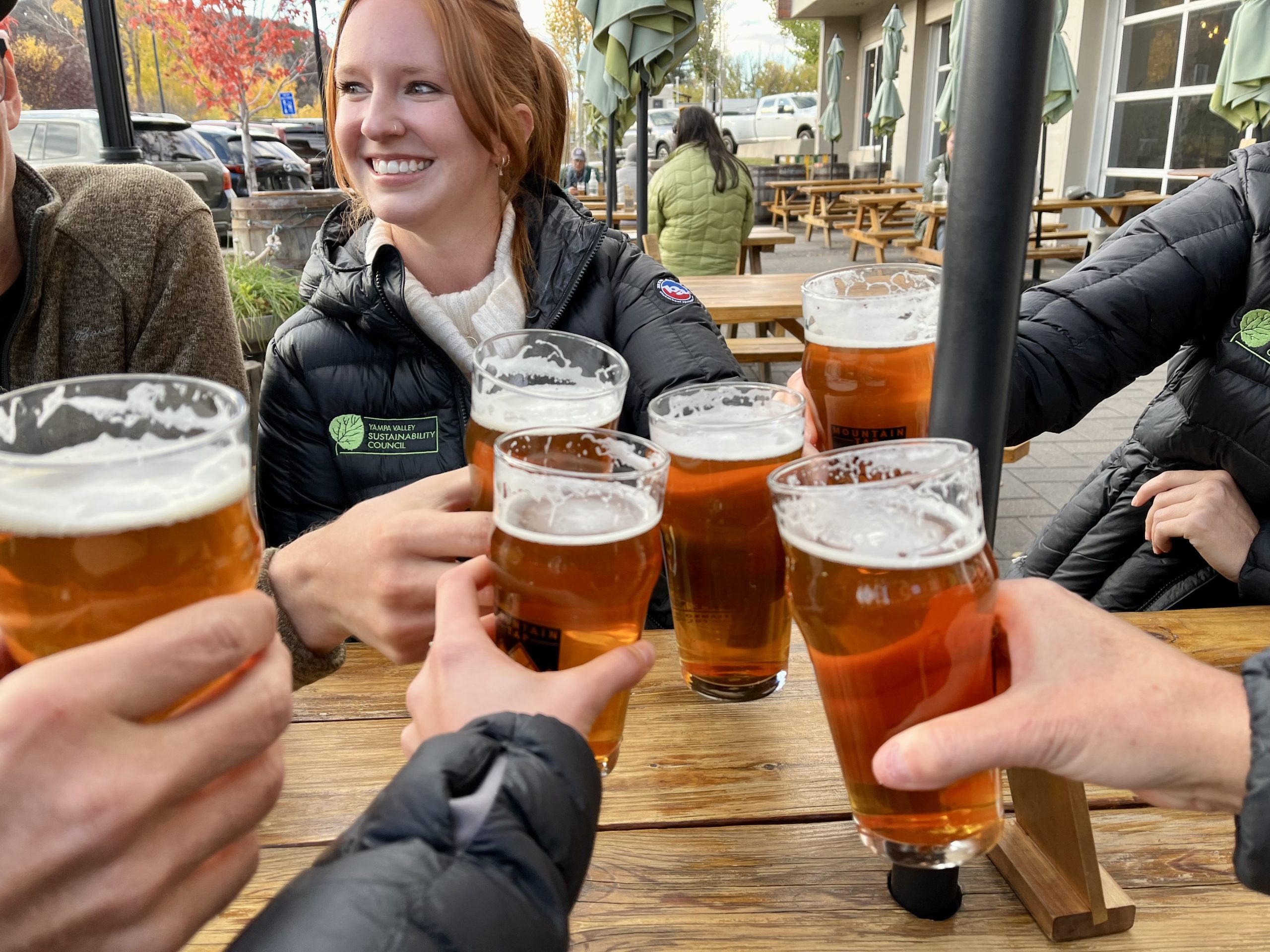 People hold beers in a "cheers" motion over a picnic table.