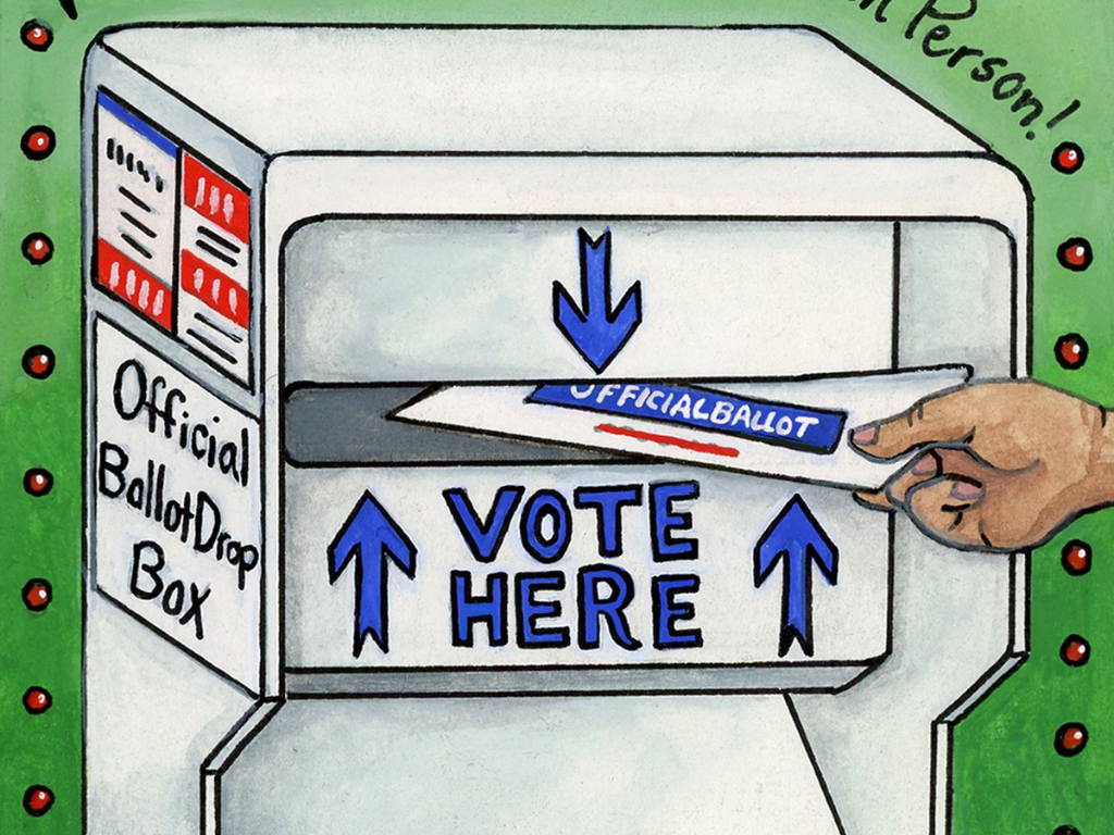 A painted drawing of a ballot drop box